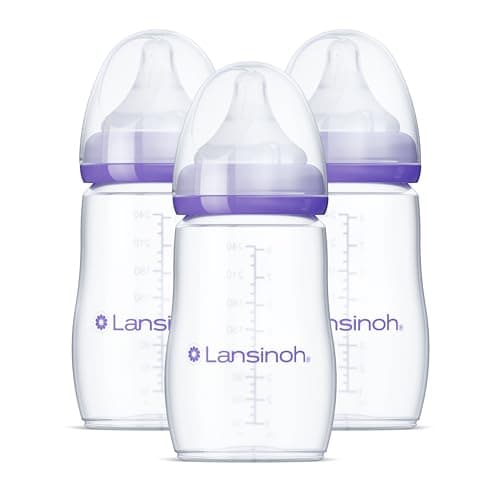 Lansinoh Anti-Colic Baby Bottles for Breastfeeding Babies, 8 Ounces, 3 Count, Includes 3 Medium Flow Nipples, Size M