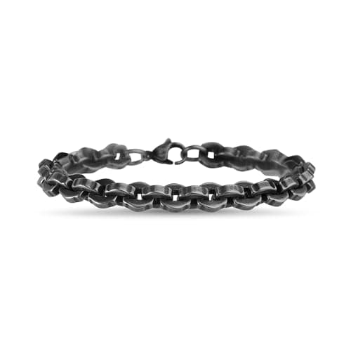 True Religion 8mm Wide 8 Inch Rolo Chain Bracelet for Men Black Rhodium Plated Stainless Steel