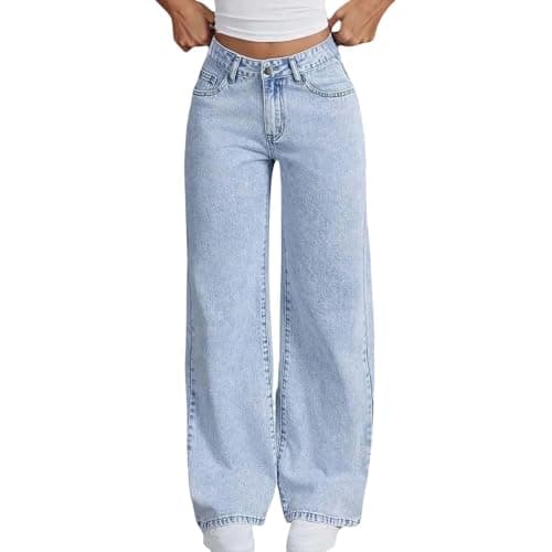 Baggy Pants for Kids Girls High Wasited Jeans Wide Leg Straight Y2K Solid Baggy Denim Pants Cute Loose Fit Denim Trousers Light Blue 10-11 Years