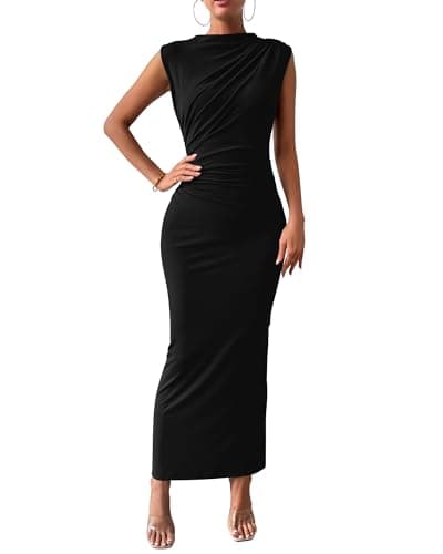 BTFBM Women's Ruched Bodycon Dress Summer Casual Sleeveless Back Slit Elegant Club Evening Party Cocktail Maxi Dresses(Solid Black, Medium)