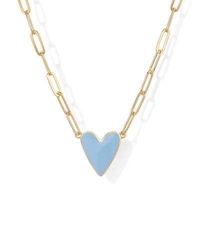 PAVOI 14K Yellow Gold Plated Heart Blue Enamel Pendant Necklace for Women | Love Paperclip Chain Necklaces | Blue Enamel Heart Pendants