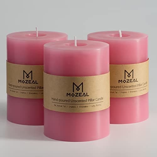 MOZEAL 3" x 4" Hand-Poured Unscented Candle,Dripless Pillar Candle Set of 3,Long Clean Burning,Approx 72 Hours Burn Time,Rustic Country Style,Wedding,Dinner,Christmas and Home Decor,Pink