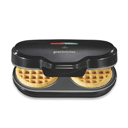 Proctor Silex Double Mini Waffle Maker Machine with 4” Round Non-stick Grids, Makes 2 Personalized Individual Breakfast Keto Chaffles and Hashbrowns, Compact, Black (26102)