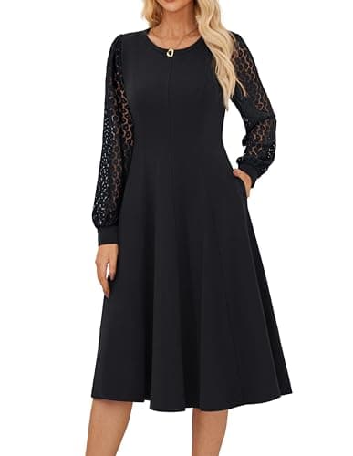 GRACE KARIN Women's 2025 Casual Long Lace Sleeve Dresses, Summer Flowy Crewneck A Line Plain Midi Dress with Pockets Black L