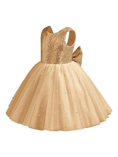 Dypaha Flower Girl Dress Gold Pearls Tulle Dresses Kids Bow-Knot Sequin Elegant Wedding Princess Pageant Communion Evening Dress Birthday Party Short Dress 8T