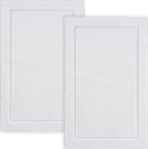 Hawmam Linen White Bath Mats, 21 x 34 inches, Pack of 2-100% Ring Spun Cotton,[Not a Bathroom Rug] Banded Design, Highly Absorbent, Machine Washable for Bathroom Floor Towel