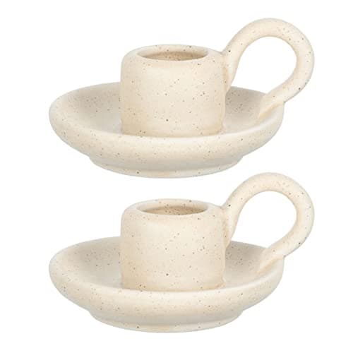 DOITOOL 2Pcs Ceramic Candle Holder Candlestick Holder with Handle, Taper Candle Stand Candlelight Stand Holder Decorative Candle Display Holder for Desktop Dining Room Home Decoration Display (Beige)