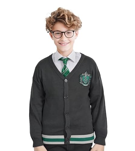 Harry Potter House Long Sleeves Cardigan Sweaters, Button Down Knitwear for Youth & Young Adults, Unisex - Gray w/Green