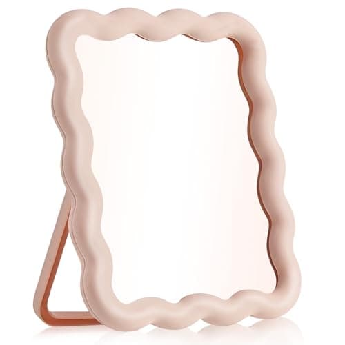 Wave-Shaped Desk Mirror, Pink Desk Accessories Portable Folding Mirror for Desk, Cute Desk Accessories Table Mirror, Travel Mirror for Women Hangable Standable 6.7x5.3 Inch Home Decoration Supplies