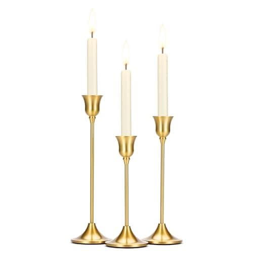 Tifanso Taper Candle Stick Holder - 3PCS Brass Gold Pillar Tall Candlestick Holders Metal Vintage Decor Dinner Table Dining Room Centerpieces Decorations for Wedding Fireplace Mantel Housewarming Gift