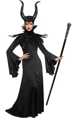 UQJE Black Gothic Witch Costume Raven Costume Halloween Feather Shawl Mesh Cape with Horns Set-S