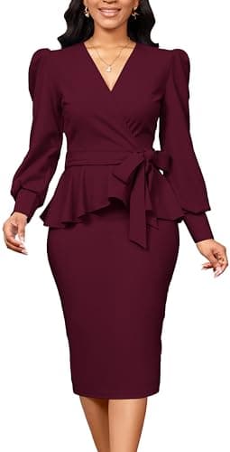 Burgundy Dress for Women Wear to Work Sexy Wrap V Neck Ruffles Vintage Peplum Pencil Party Evening Dress(Medium)