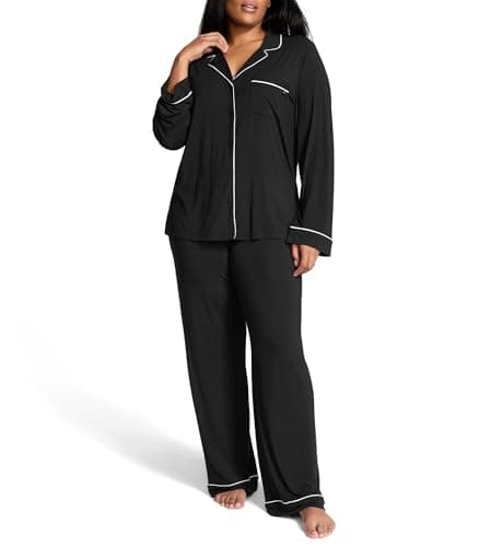 Victoria's Secret Modal Pajama Set, Long Sleeve Shirt and Pajama Pant Set, Sleepwear for Women, Black W Angel Pink Piping (M)