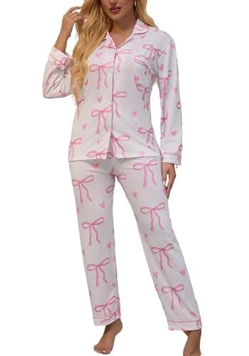 Pajamas for Women Set 2 Piece lounge sets Long Sleeve Button Down Loungewear Bow Print Sleepwear Soft Pj,Chest Pocket White XL