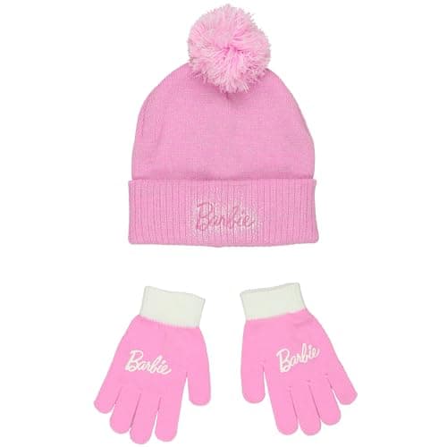 Barbie Logo Big Kids Girls Knit Hat and Gloves Set (One Size, Pink)