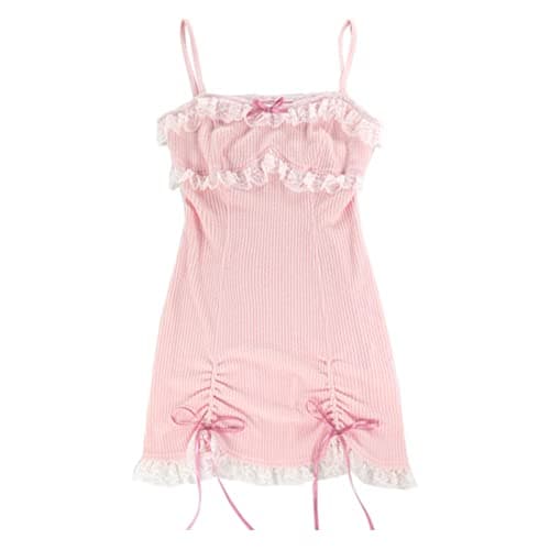 Women Japanese Lolita Sweet Lace Bow Kawaii Party Spaghetti Straps Mini Knitted Dress Pink