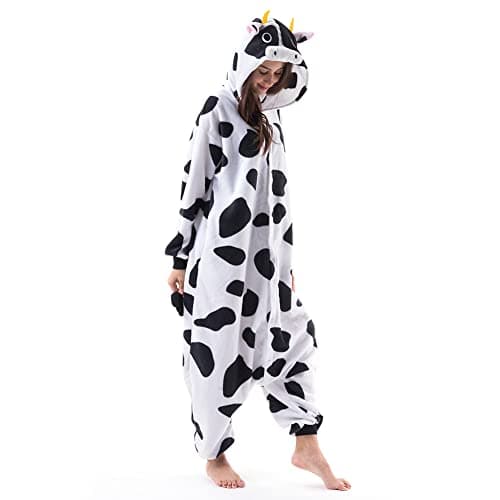 Beauty Shine Unisex Adult Onesie One Piece Pajamas Cosplay Cartoon Costume Halloween Christmas Sleepwear Jumpsuit Plush Homewear(Cow, Large)