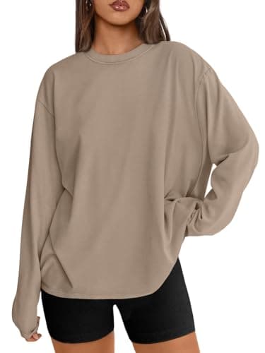 Trendy Queen Womens Oversized Long Sleeve T Shirts 2025 Basic Crewneck Tee Fall Tops Casual Workout Y2K Clothes Khaki M