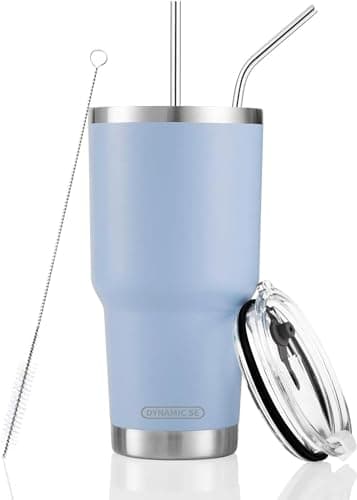 D·S 30oz Blue Tumbler Stainless Steel Double Wall Vacuum Insulated Mug with Straw and Lid, Cleaning Brush for Cold and Hot Beverages