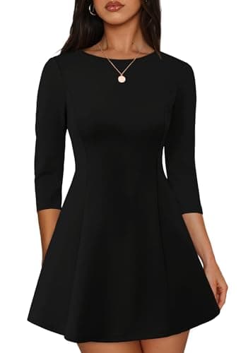 RUMIA Black Dresses for Women Casual 3/4 Sleeve A-Line Boat Neck Mini Dress L