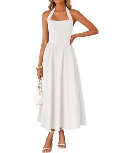 ZESICA Women's Summer Sleeveless Halter Midi Dress 2026 Off Shoulder High Waist Flowy Beach Wedding Guest Long Dresses Ivory Medium