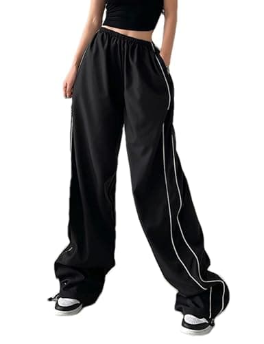 Sdipipo Womens Parachute Pants Y2k Baggy Wide Leg Track Pants Elastic Waist Jogger Sweatpants Hiking Pants Trousers ﻿(0001-Black-S)