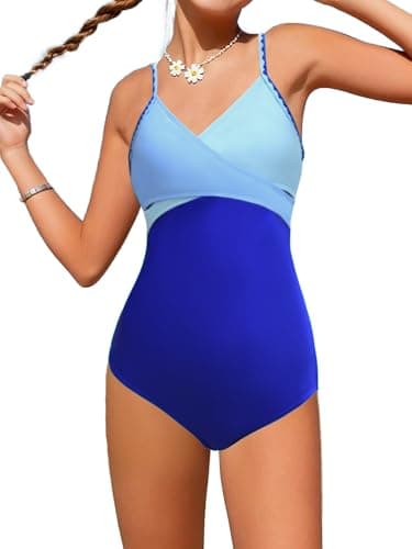 AMAWMW Girls One Piece Swimsuits Contrast Color Cross Bathing Suit Adjustable Straps Teen Swimwear Sky Blue 15-16Y
