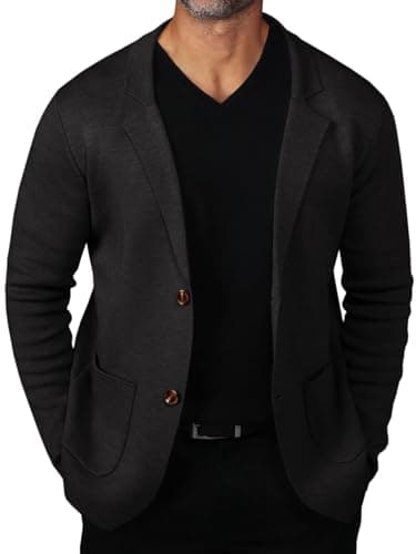 Mens Cardigan Sweater Knit Blazer Suit Jacket Casual Two Button Lightweight Sport Coat with Pockets Black