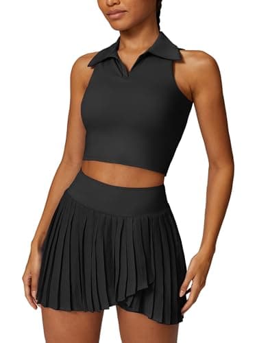 Women 2 Piece Tennis Dresses High Waisted Pleated Skirt Sets Seamless Golf Outfits Sleeveless Racerback Padded Crop Top