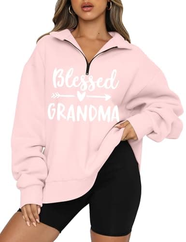 Grandma Sweatshirt for Women - V Neck Half Zip Blessed Grandma Letter Print Shirt Nana Long Sleeve Pullover Tops Pink