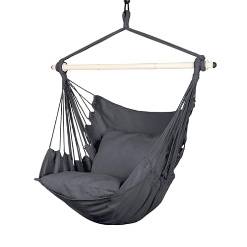 Highwild Hammock Chair Hanging Rope Swing - Max 500 Lbs - 2 Cushions Included - Steel Spreader Bar with Anti-Slip Rings - for Any Indoor or Outdoor Spaces (Grey)