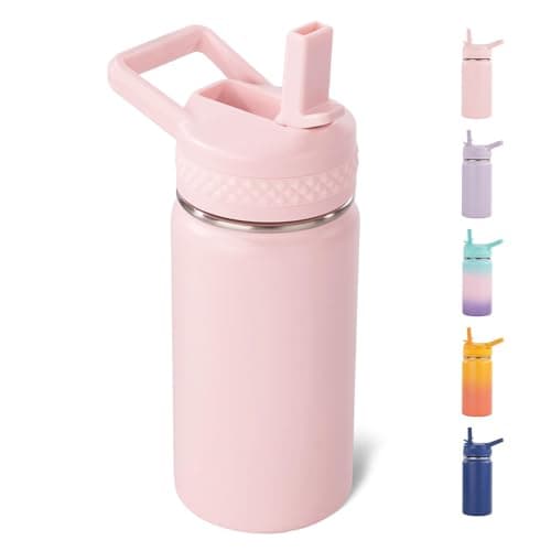 Fijinhom 12 oz Kids Water Bottle, Toddler Water Bottle with Straw, Boys&Girls Bottle for School, 304 Stainless Steel Vacuum Insulated Bottle for Kids, BPA-Free, Leak-Proof, Pink