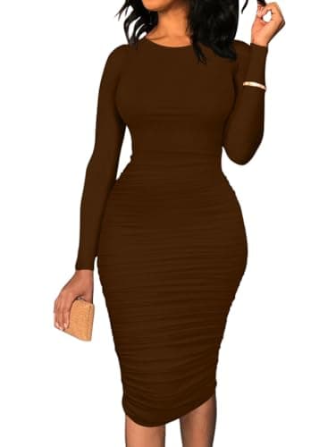 BEAGIMEG Women's Ruched Long Sleeve Elegant Bodycon Basic Casual Midi Dress Brown