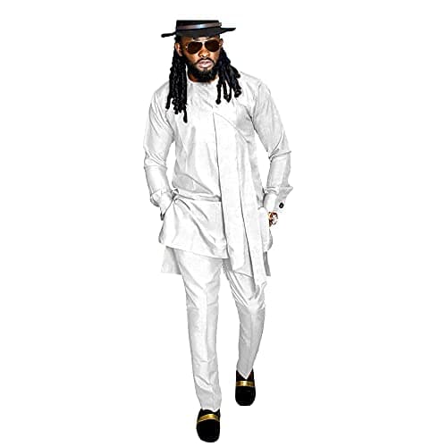 SEA&ALP Men's Fashion Clothes African Shirt and Pant Suit Dashiki Long Sleeve Casual Outfits Blouse Pockets White T5 X-Large