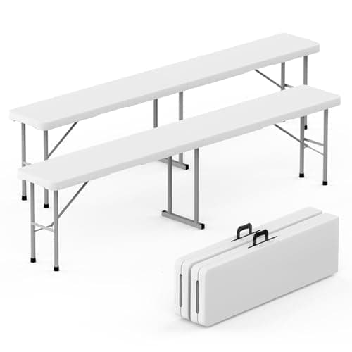 HLPB Folding Bench 6 ft, Foldable Plastic Bench with Handle and Smooth HDPE Tabletop, Protable in/Outdoor Picnic Party Camping Dining Seat, 2 Pack, White