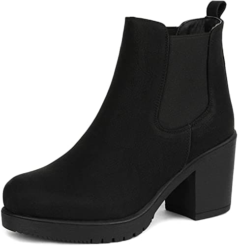 DREAM PAIRS Women's High Chunky Heel Chelsea Ankle Boots Slip On Elastic Fall Heeld Booties Shoes,Size 8.5,Black/Pu,FRE