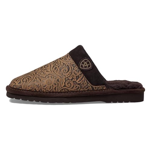 ARIAT Men's Silversmith Warm Soft Embossed Tooling Full-Grain Leather Square Toe Slippers with Shearling Lining, Brown, 10