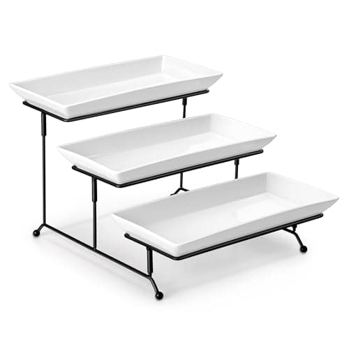 MALACASA 3 Tier Serving Trays for Party, Porcelain Serving Platters and Trays, 12 Inch Tiered Tray Stand, Fruit Tray, Trays for Serving Food, White Dessert Stand with Collapsible Sturdier Metal Rack