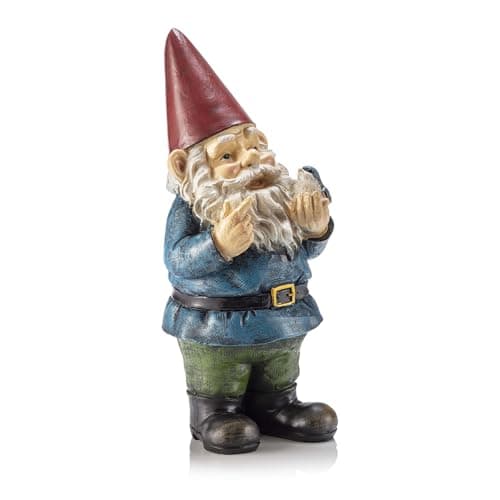 Alpine Corporation 12" Tall Garden Gnome Outdoor Yard Statue with Colorful Bird Accent, Playful Polyresin Decoration, Multicolor