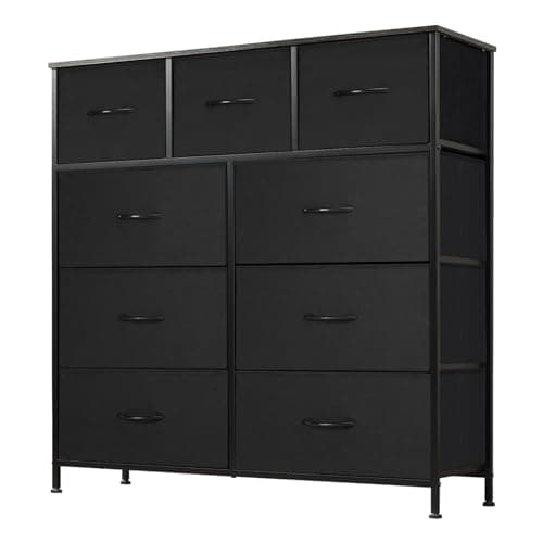 DUMOS Dresser for Bedroom, Storage Drawers, Fabric Storage Tower with 9 Drawers, Chest of Drawers with Fabric Bins, Sturdy Metal Frame, Wood Tabletop for Guest Room, Closet, Entryway, Nursery