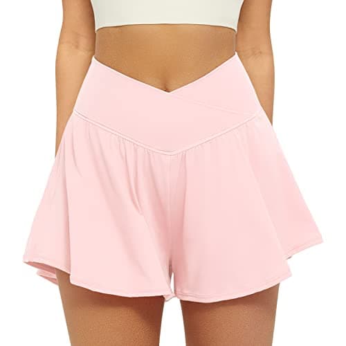 FireSwan Crossover Athletic Shorts for Women 2 in 1 Flowy Running Shorts with Pockets Spandex Butterfly Workout Tennis Skorts Baby Pink