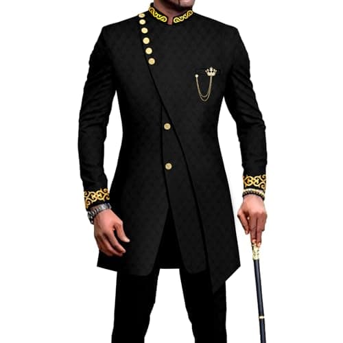Men`s Suit Double Breasted Slim Fit Embroidery Chain Blazer and Pants Set Dashiki Outfits African Clothes X-Large Black
