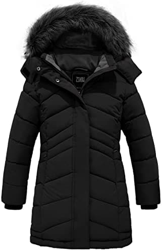 ZSHOW Girls' Long Puffer Jacket Windproof Thick Padded Snow Winter Coat(Black,14-16)