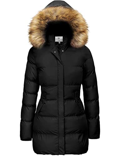 WenVen Women's Winter Thicken Warm Coat with Fur Removable Hood (Black, XL)