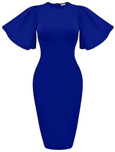 Memoriesea Women's Basic Bodycon Ruffle Flared Short Sleeve Pencil Midi Dress Royal Blue