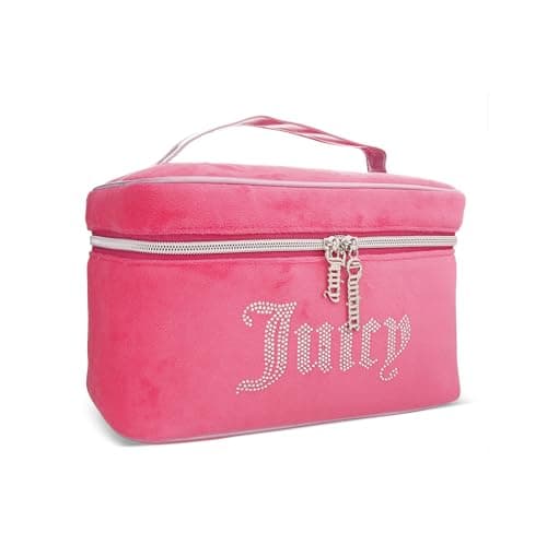 Juicy Couture Pink Silver Makeup Bag Cosmetics Organizer Travel Essentials Train Case Velour Rhinestones