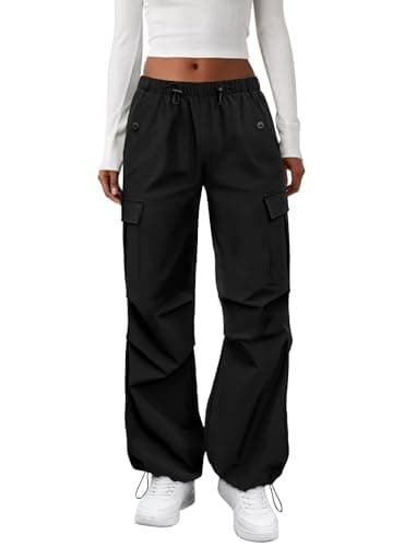 COPYLEAF Cargo Pants Women Elastic Waisted Parachute Hiking Pants with Pockets Water-Resistant Lightweight Baggy Pants(Black M)