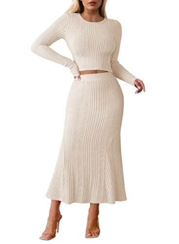 Pink Queen Ribbed Knit Maxi Skirt Two Piece Set Cozy Long Sleeve Outfit For Date Night High Waisted Bodycon Fit and Flare Ruffle Dress Set Outfits Apricot M
