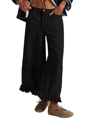 EVALESS Womens Wide Leg Black Jeans 2026 Trendy Mid-Rise Cropped Baggy Jeans Loose Fit Cute Ruffle Hem Trouser Denim Pants with Pockets Size 4