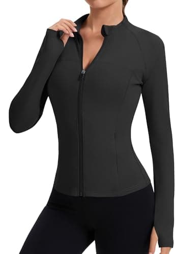 Rapbin Full Zip Athletic Jacket for Women Cropped Long Sleeve Top Golf Shirts for Woman Slim Fit Workout Top (Black M)